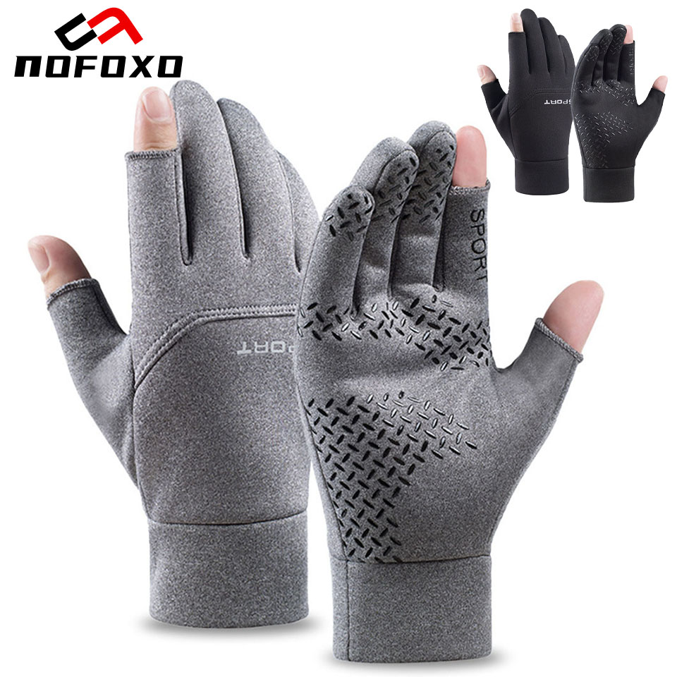 NOFOXO 1Pair Winter Outdoors Ski Gloves Warm Anti-Slip Cycling Gloves Fishing Sports Touch Screen Two Fingers Cut Men's Women