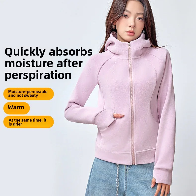 High-End FeelHoodedSweatshirt Women's Autumn/Winter Double-Sided Fleece-Lined American Style Petite Zipper Cardigan Jacket