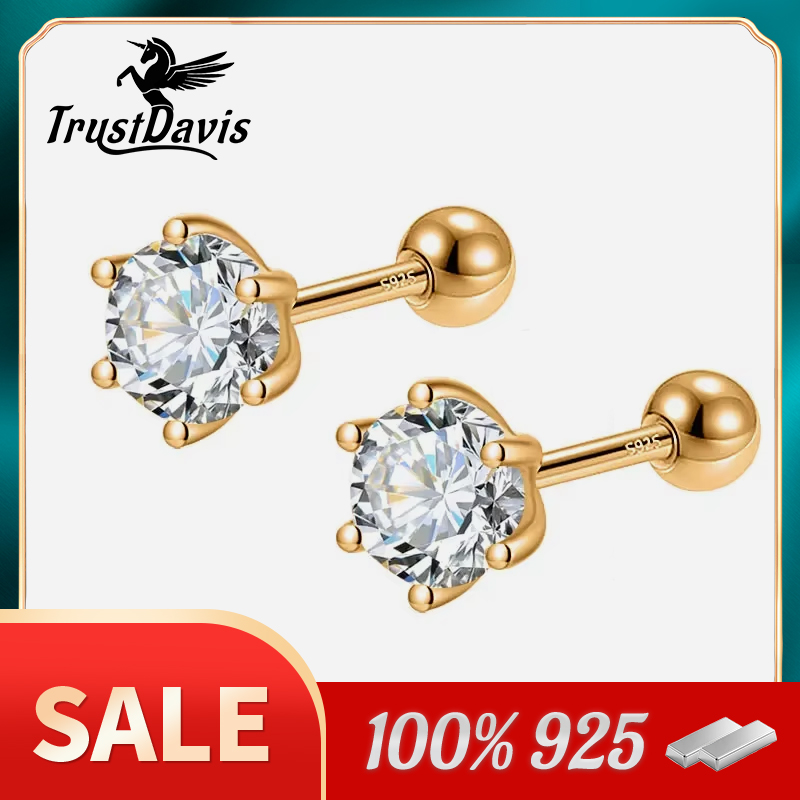 TrustDavis Real 925 Sterling Silver Fashion Gold Six Claw 3/4/5mm CZ Screw Stud Earrings For Women Wedding Fine Jewelry DA2712