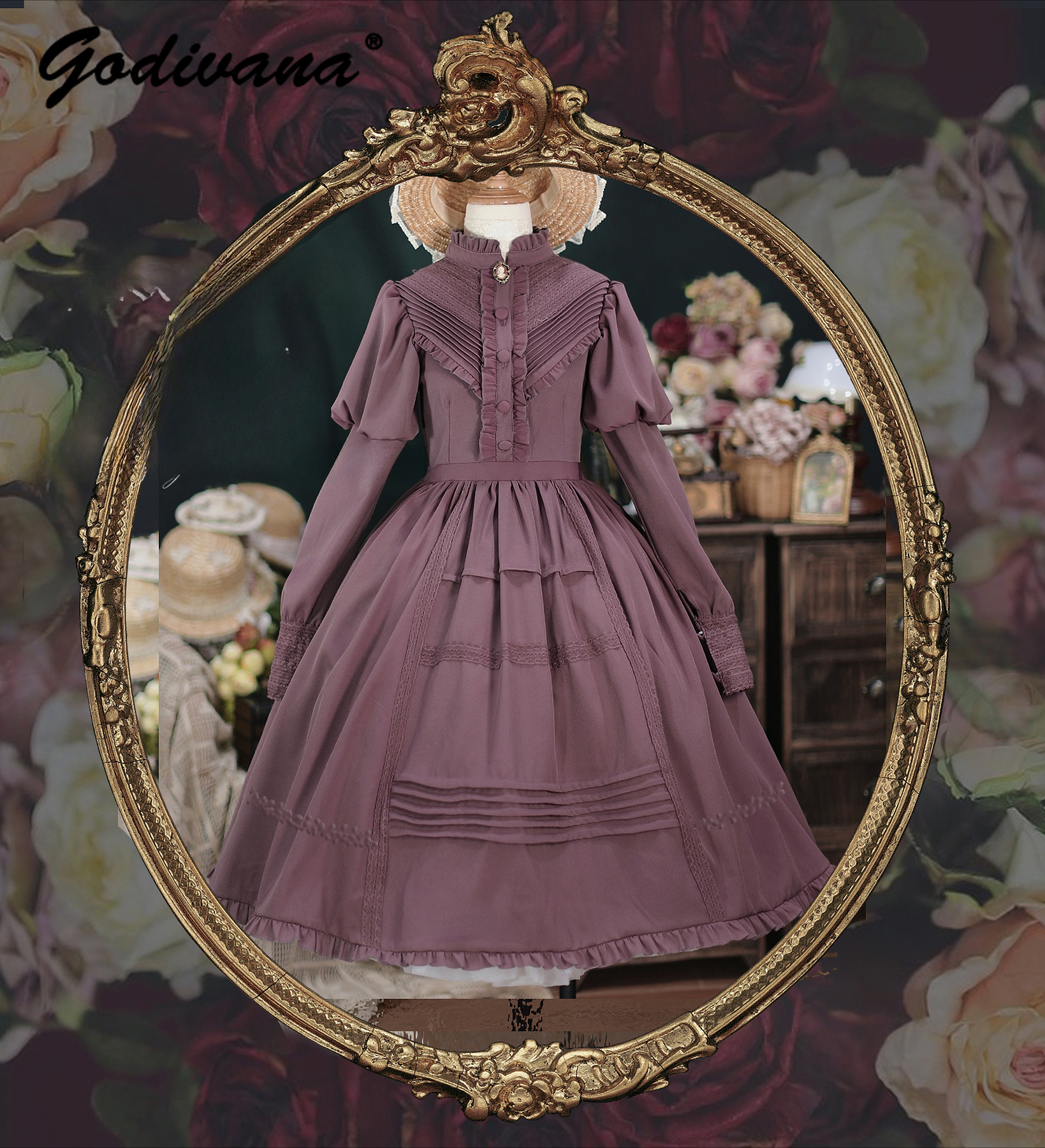 Lolita French Court Style Stand Collar Slim Long Sleeve Op Dress Sprign and Autumn Solid Color Women's Elegant Long Dresses
