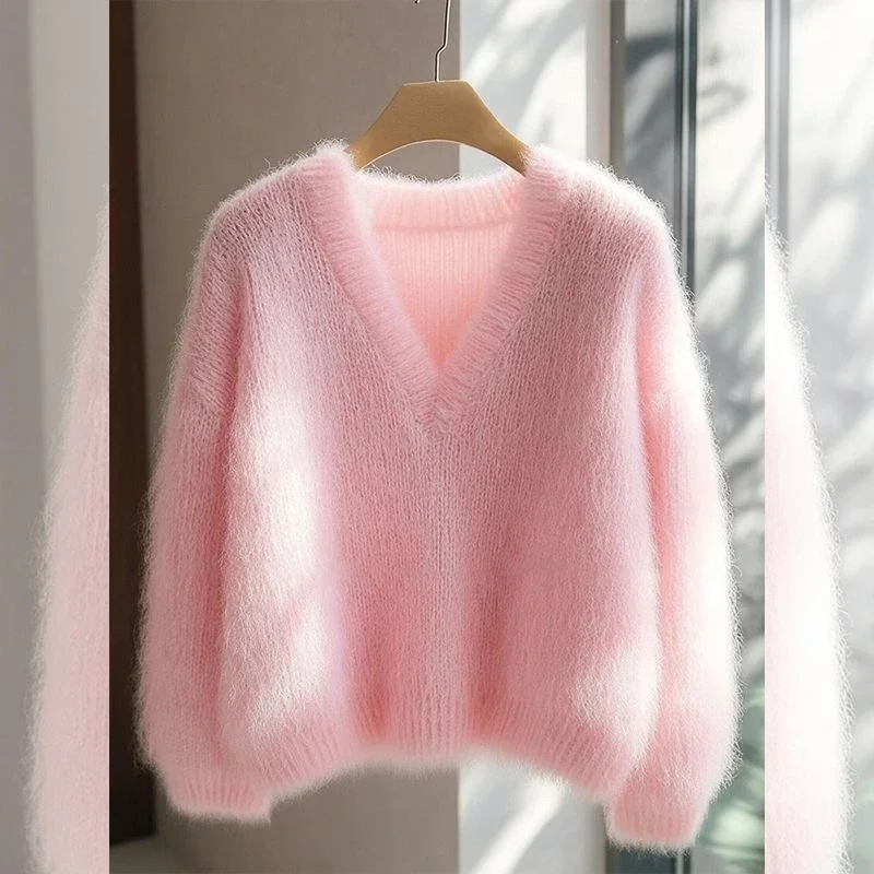 New Fashion Soft Mink Knitted Sweater Women Sexy V-neck Long Sleeve Casual Sweet Pink Pullover Tops Fluffy Mohair Knitwear