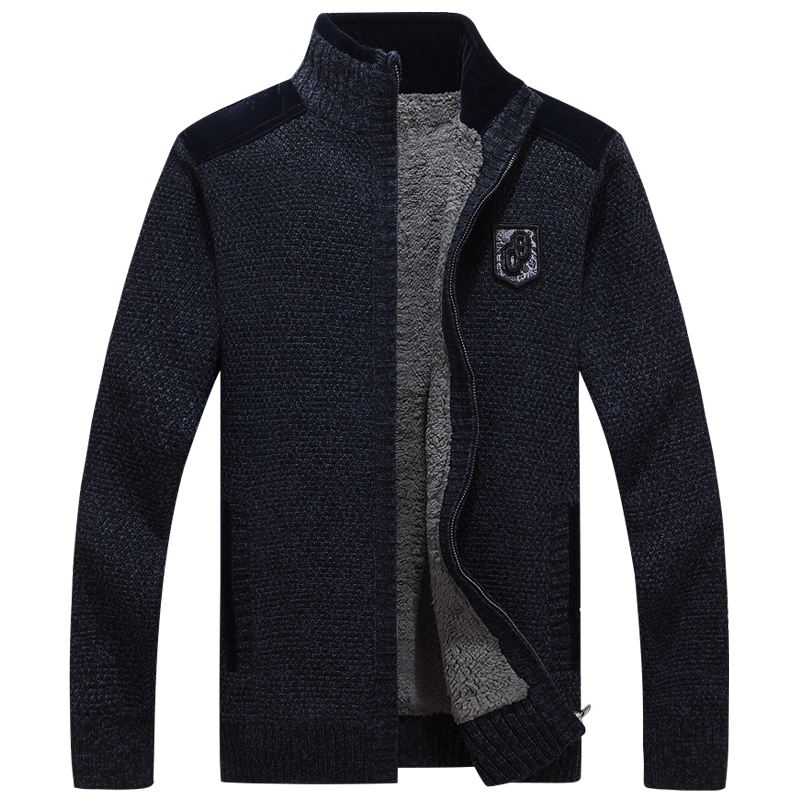 MEN SWEATERS WITH ZIPPERS THICK FLEECE WARM BLACK CASUAL WINTER MEN CARDIGAN WOOL COTTON KNITTED JACKETS SWEATERCOAT