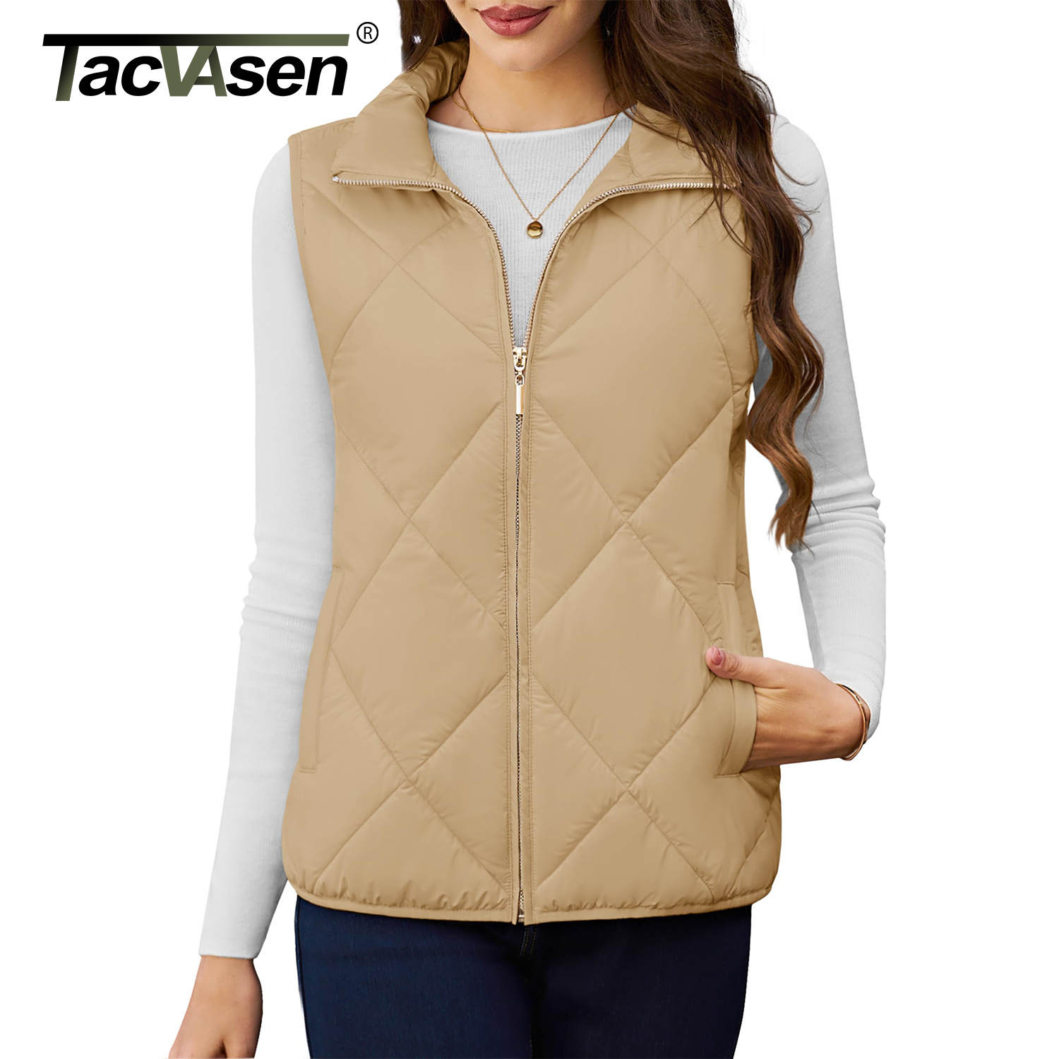 TACVASEN Womens Quilted Vest Lightweight Padded Sleeveless Jacktes Stand Collar 4 Pockets Puffer Vest Outwear Coats Steetwear