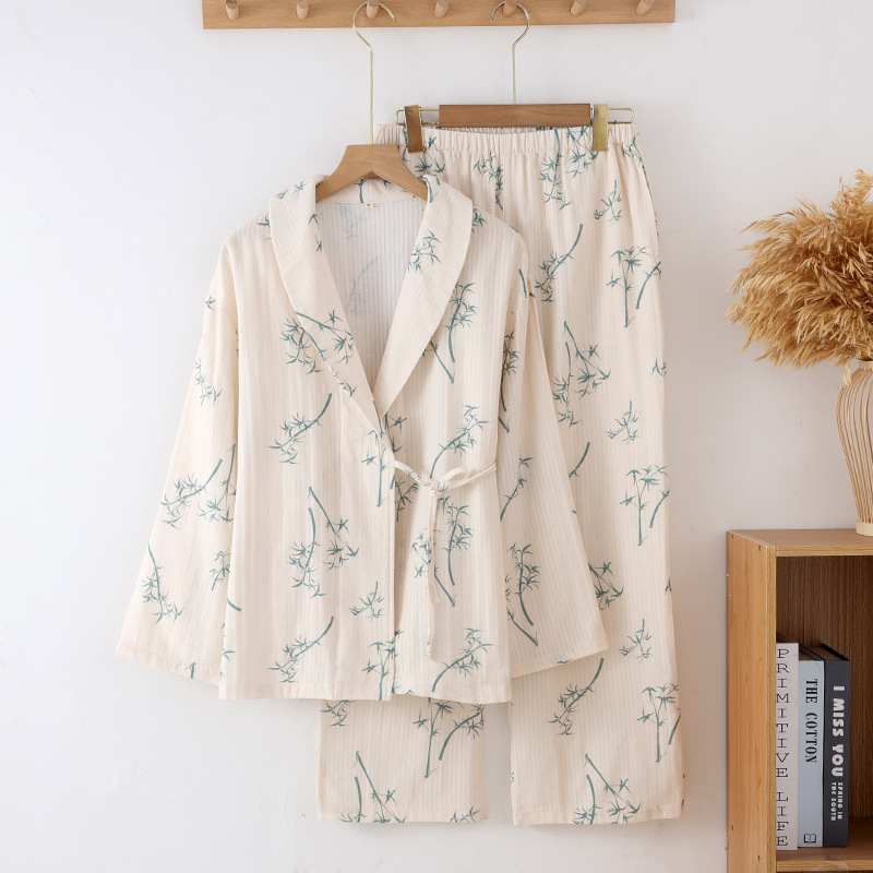 National Style Bamboo Printing Cotton Spring and Autumn Thin Design Women's Sleepwear Long Sleeved Loose Home Pajamas Set