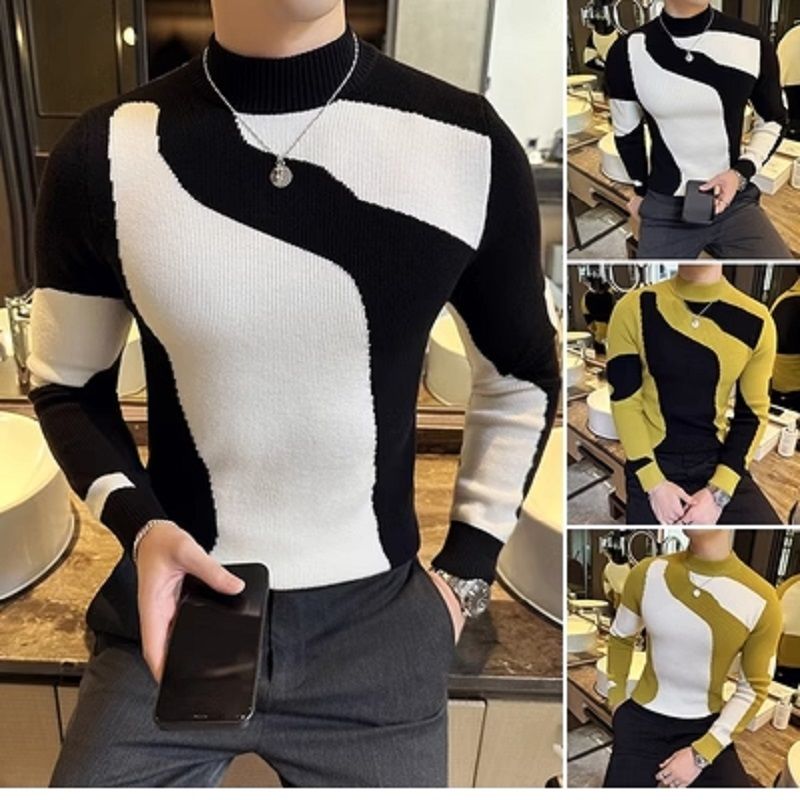 Half High Neck Sweater Men's Slim Fit Trendy Brand Contrasting Color Jacket Tight Elastic Knitted Base Sweater