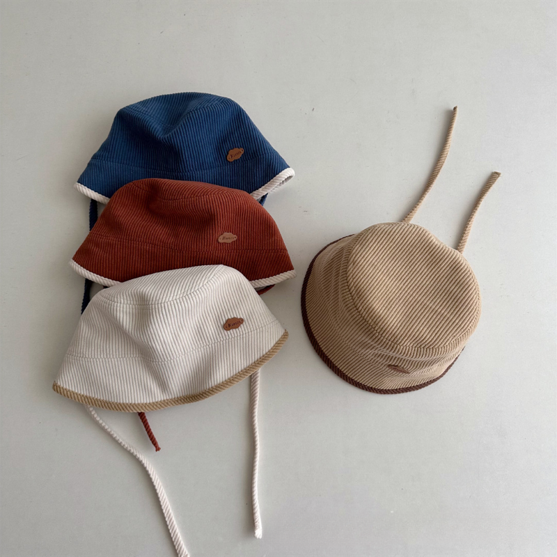 Children's Lace Up Corduroy Bucket Hat Autumn Outdoor Windproof Boys Girls Sunshade Hat Solid Color Baby Fisherman Caps