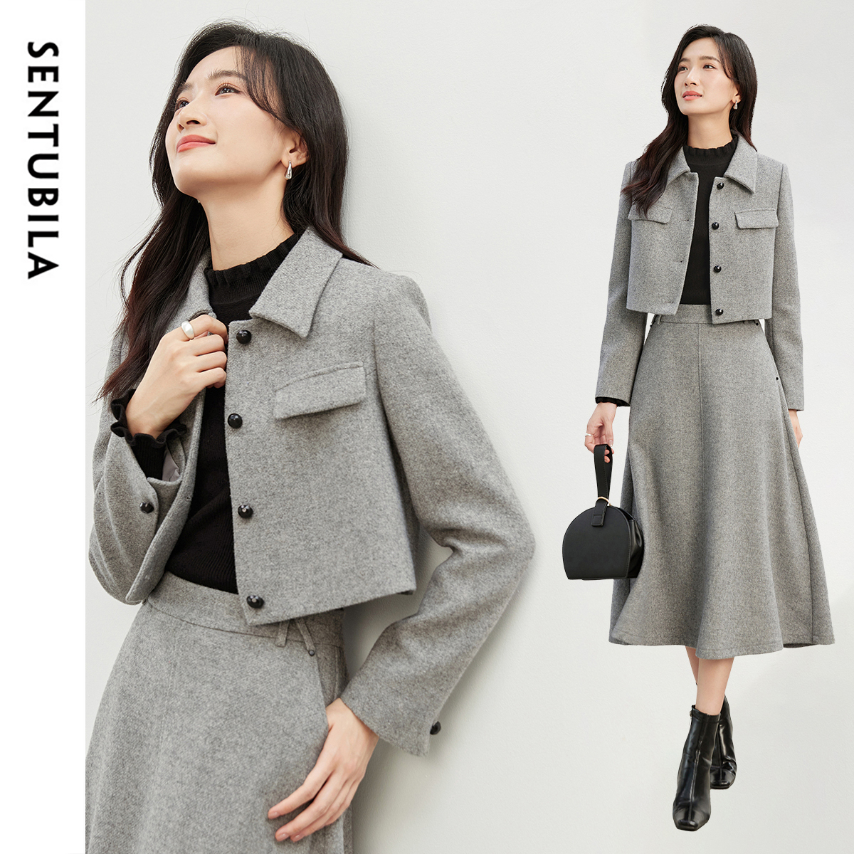 SENTUBILA French Vintage Woolen Jackets for Women 2024 Winter Straight Turn Down Collar Single Breasted Crop Outerwear 144W57304