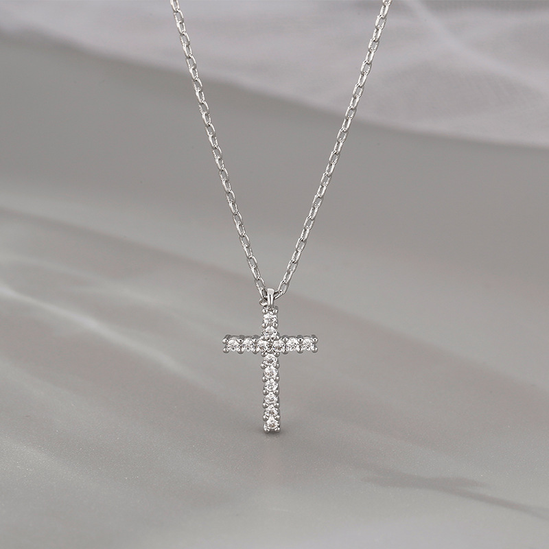 New 925 Sterling Silver Cross Shape Zircon Necklace Simple Style Shiny Woman Pendant Choker Birthday Gift Fine Jewelry