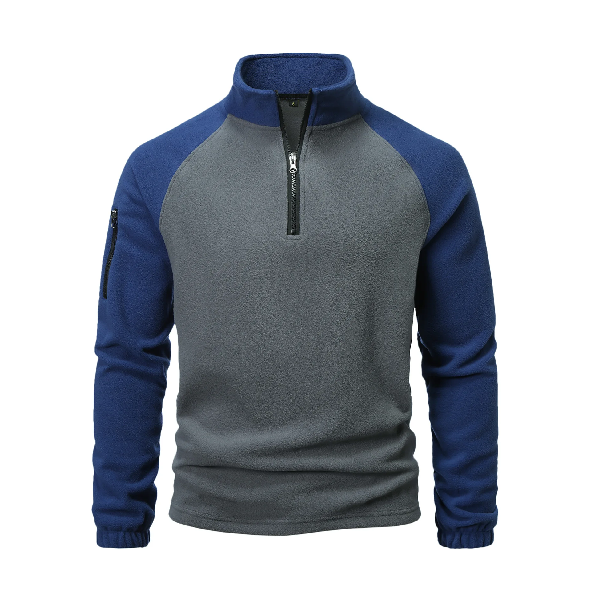 American-style Men Stand-up Collar Polar Fleece Thermal Pullover Sweatshirt with Color-blocked Flannelette for Autumn and Winter
