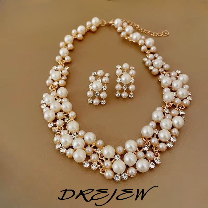 DREJEW 3 Pcs Rhinestone Pearl Earrings Necklace Set Two-piece Vintage Choker Accessory Fashion Jewelry Sets for Women Wedding