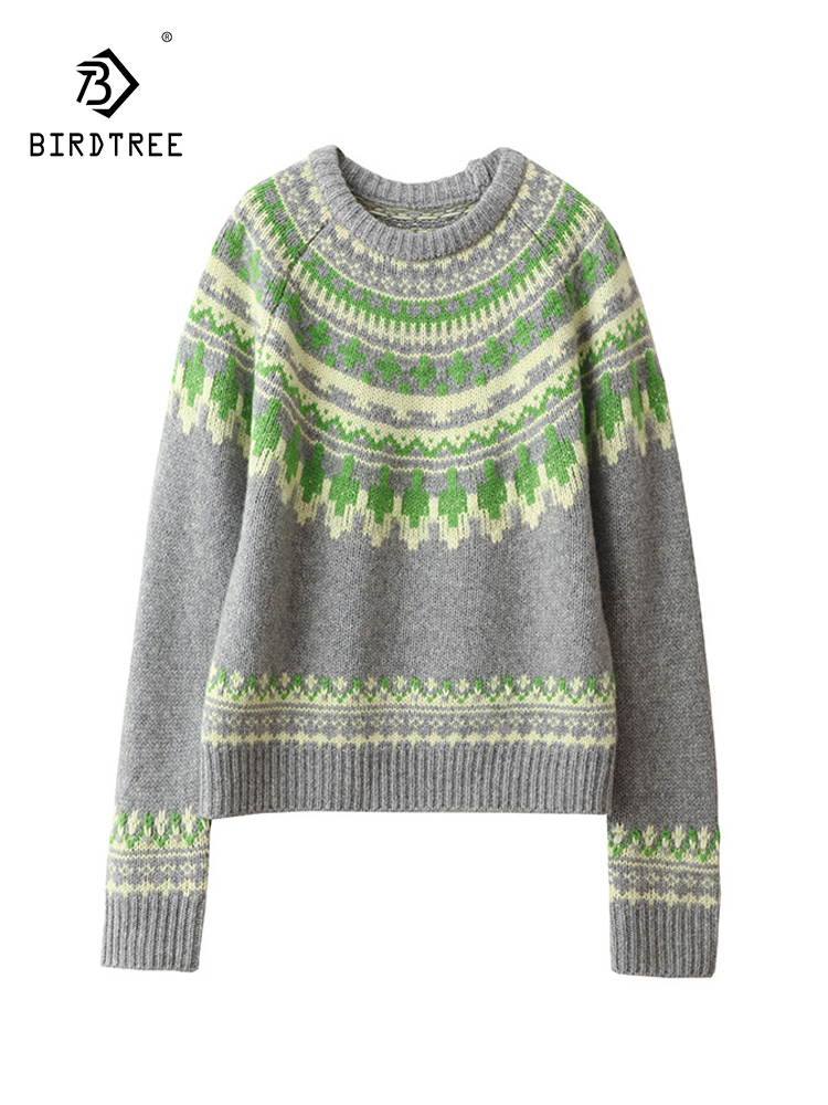 Birdtree XMas 100% Merino Wool Ugly Sweater,Women O Neck Long Sleeve Jumper, Jacquard Knitted Pullovers,Autumn Winter T4N814JC