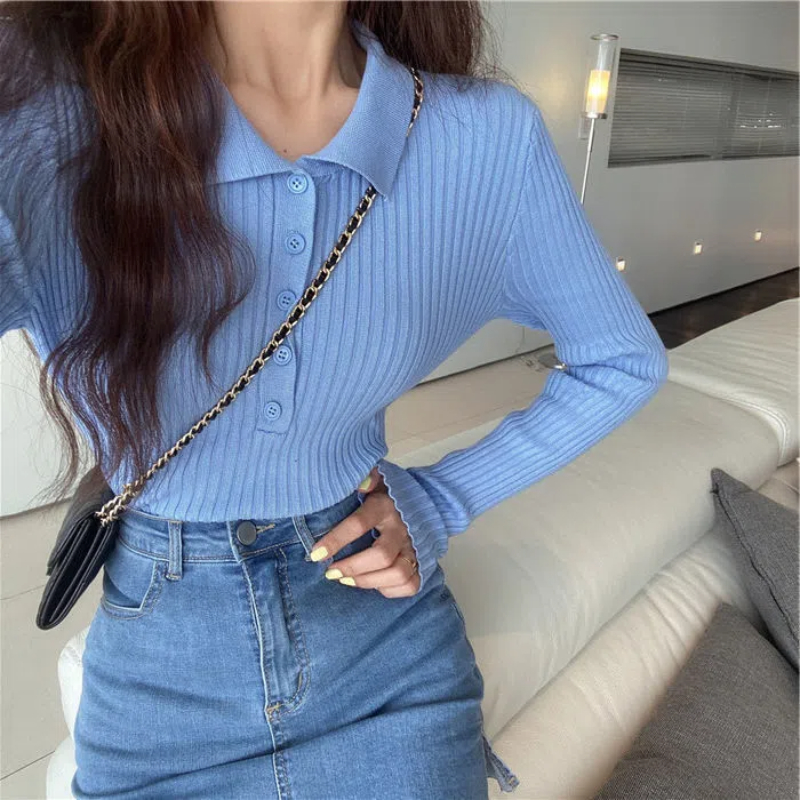 Autumn Winter Polo Collar New Long Sleeve Inner Pullovers Bottom Knitted Shirt Women's Clothing Slim Short Style Chic Sweaters
