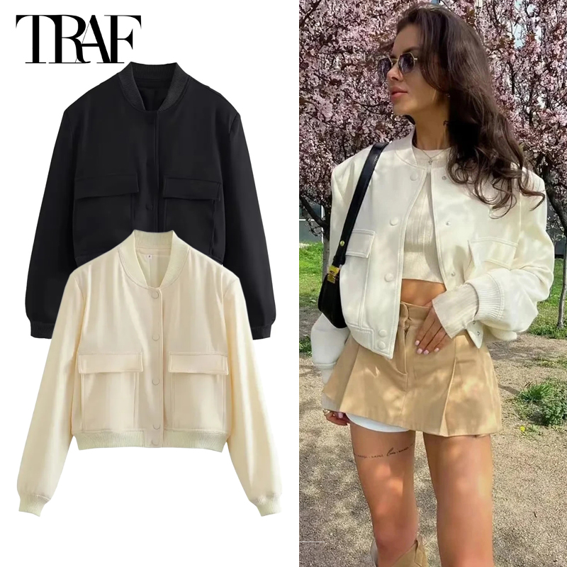 TRAF Cropped Bomber Jacket Women Demi-season Varsity Jackets for Women Fashion Aviator Jackets Woman 2025 Outerwear Women's Coat