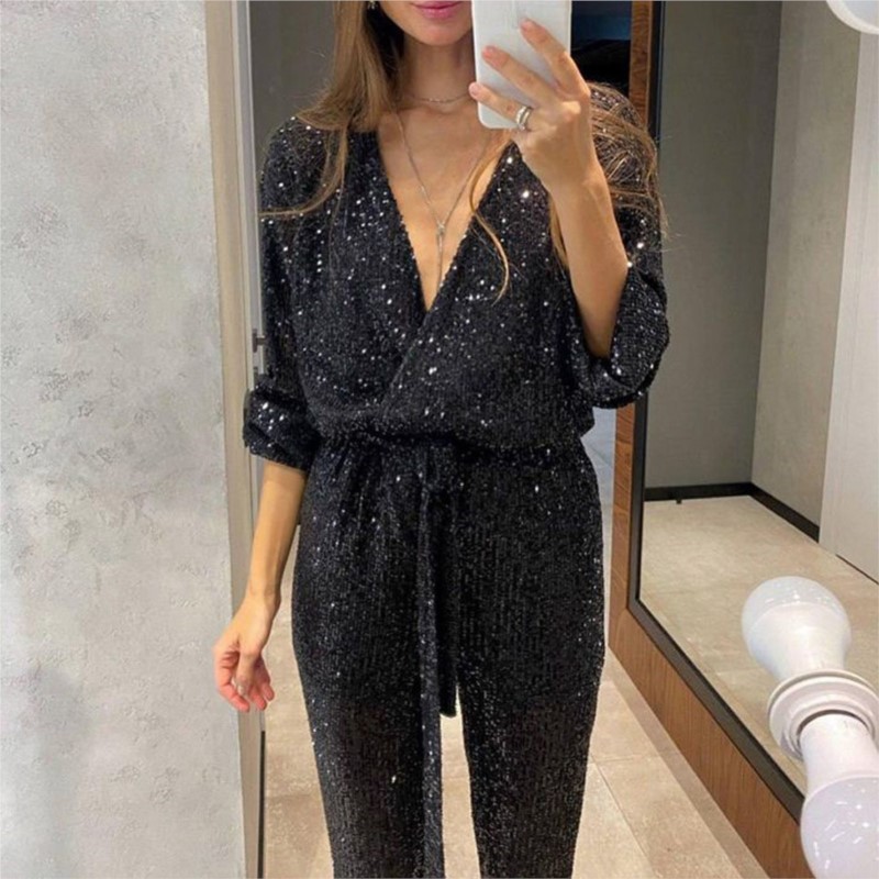 Jumpsuit Women Sexy V Neck Sequins Long Sleeve Casual Belt Overalls Female High Waist Playsuit Elegant Ladies Party Club Romper