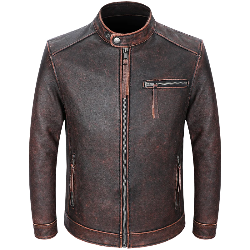 Brand Classic Casual Style Cowhide Jacket 100% Real Leather Coat Men Autumn Spring Fit Moto Biker Clothes Vintage