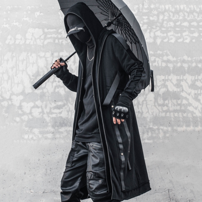 Tactical Function Style Streamer Patchwork Design Wizard Cloak Mens Clothing Y2K High Street Jackets Double Hooded Trench Coat