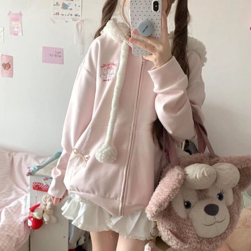 Kawaii Hooded Coat Women Zipper Jacket Cute Embroidery Pink Sweatshirts Y2k Hoodie Girl Lovely Overcoat New Clothing Spring Fall