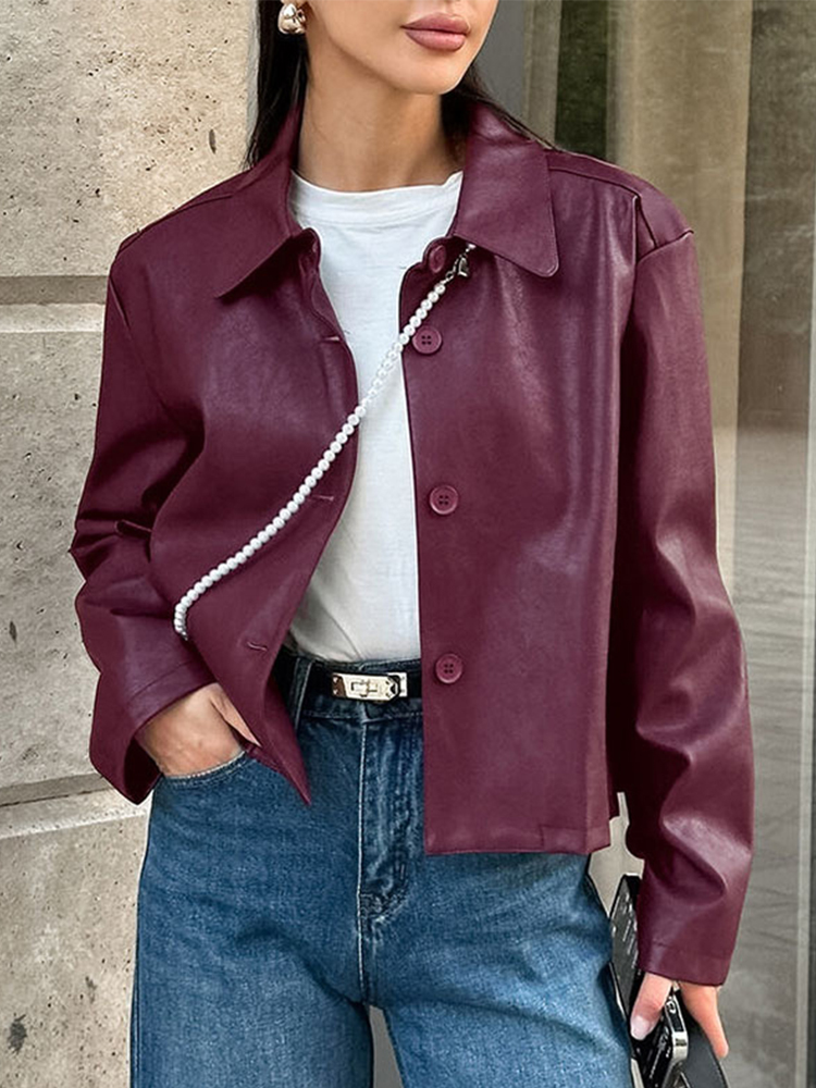 Retro Burgundy Lapel Leather Jackets Women Casual Single Breasted Short Jacket Female Spring Chic Moto Biker Street Outwear á¸