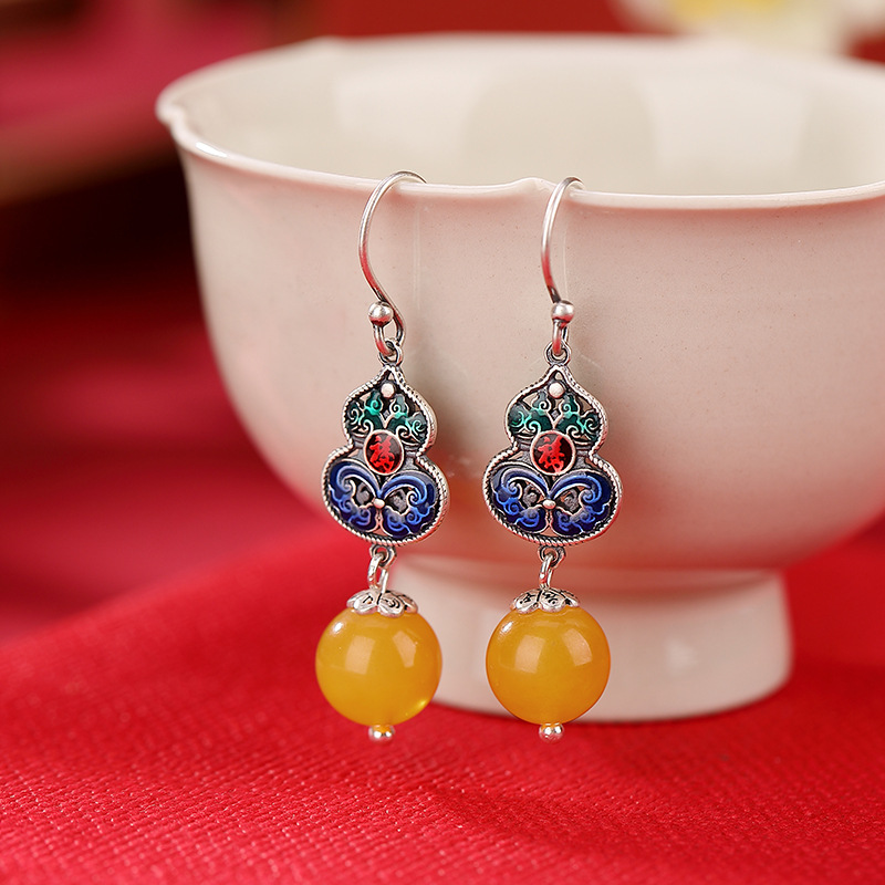 S925 Sterling Silver Beeswax Vintage National Fashion Cloisonne Fu Lu Gourd round Beads Ear Hook Fu Character Earrings