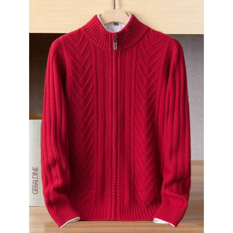 New Arrival Fashion Autumn and Winter 100% Cashmere Cardigan Men's Thick Knitted Long Zipper Red Sweater Jacket Plus Size S-5XL