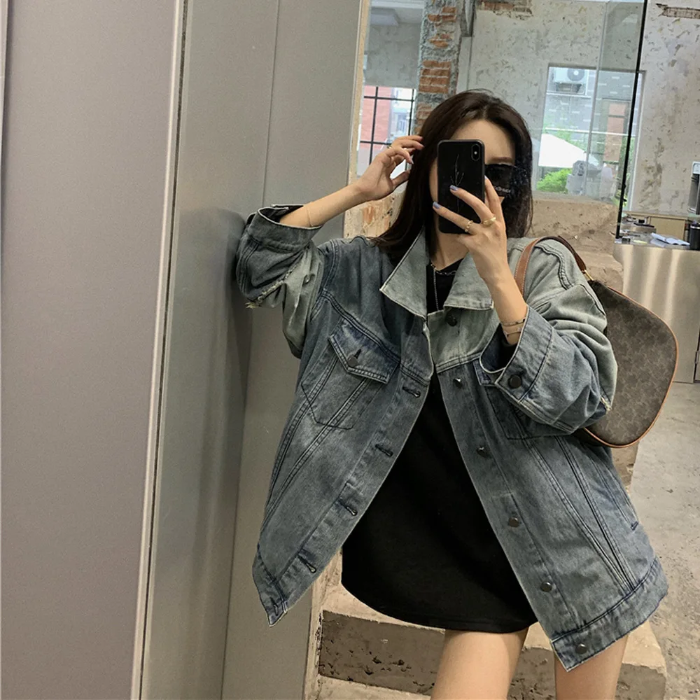 Women's Vintage Denim Jacket Slimming Long Sleeve Loose Fit Casual Versatile Top Chic HongKong Style Block Color Design Sensibil