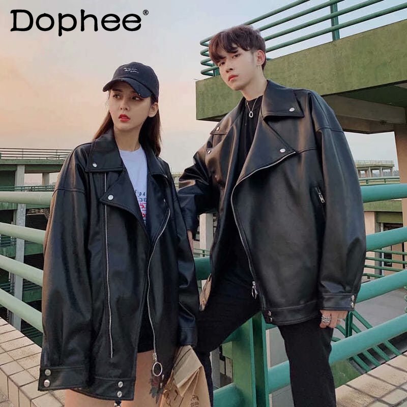 2024 Spring Autumn Leather Jackets Baseball Jacket Leather Coat Trendy High Street Handsome Loose Black Long Sleeve Faux Leather