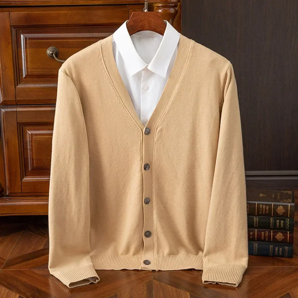 Autumn Men's Knitted Cardigan Thin V-neck Basic Elastic Slim Fit Thin Sweater Khaki Grey Black Navy Casual Cardigans Sweaters