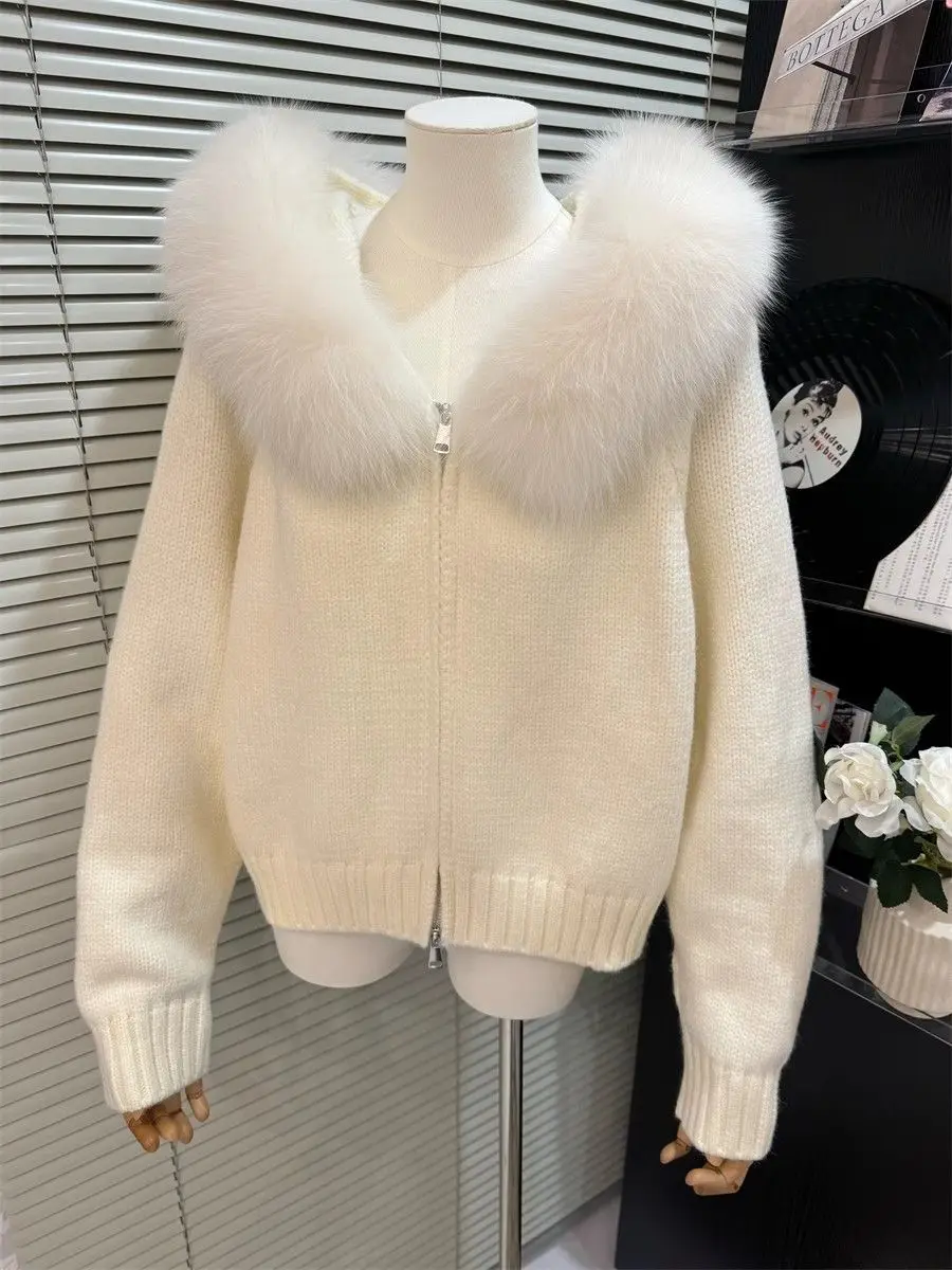 Women's Hooded Knitted Cardigan, Loose Fur Collar, Monochromatic Coat, Zipper Design, Casual Fashion, Winter, New, 2025