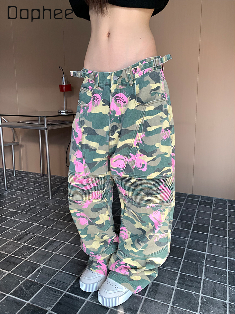 High Street Camouflage Casual Pants Women Contrast Color Pink Floral Print Overalls Loose Pleated Straight Trousers Hip Hop