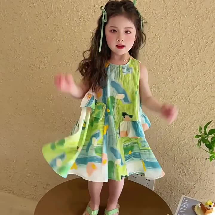 XW264Girls summer dress 2025 new style baby seaside holiday dress summer children graffiti dress-image-1066072588