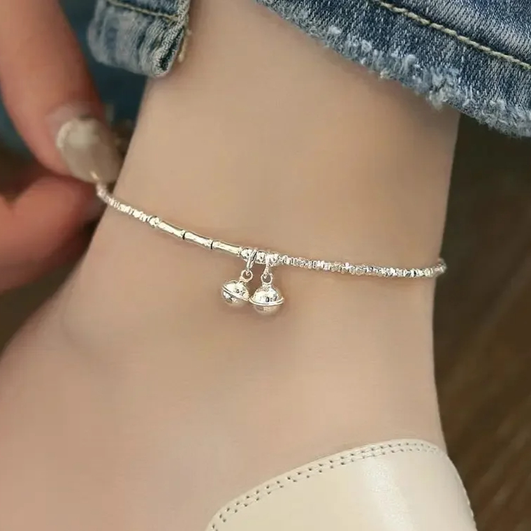 Real 925 Sterling Silver Small Bell Bamboo Nodes Charm Anklets for Women Trendy Fine Jewelry Classic Geometric Accessories
