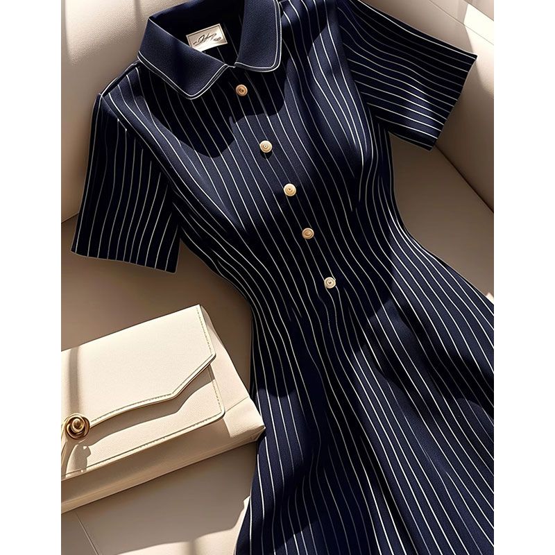 Summer Polo Neck Navy Blue Stripe Short Sleeve Dress French High-end Commuter Waist Cinched Slimming A-line Mid Dress for Women