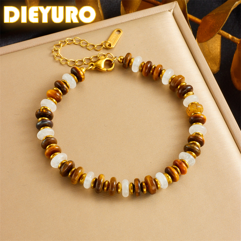 DIEYURO 316L Stainless Steell White Jade Tiger Eye Stone Round Bracelet For Womens New Fashion Trend Hand Chain Jewelry Gift