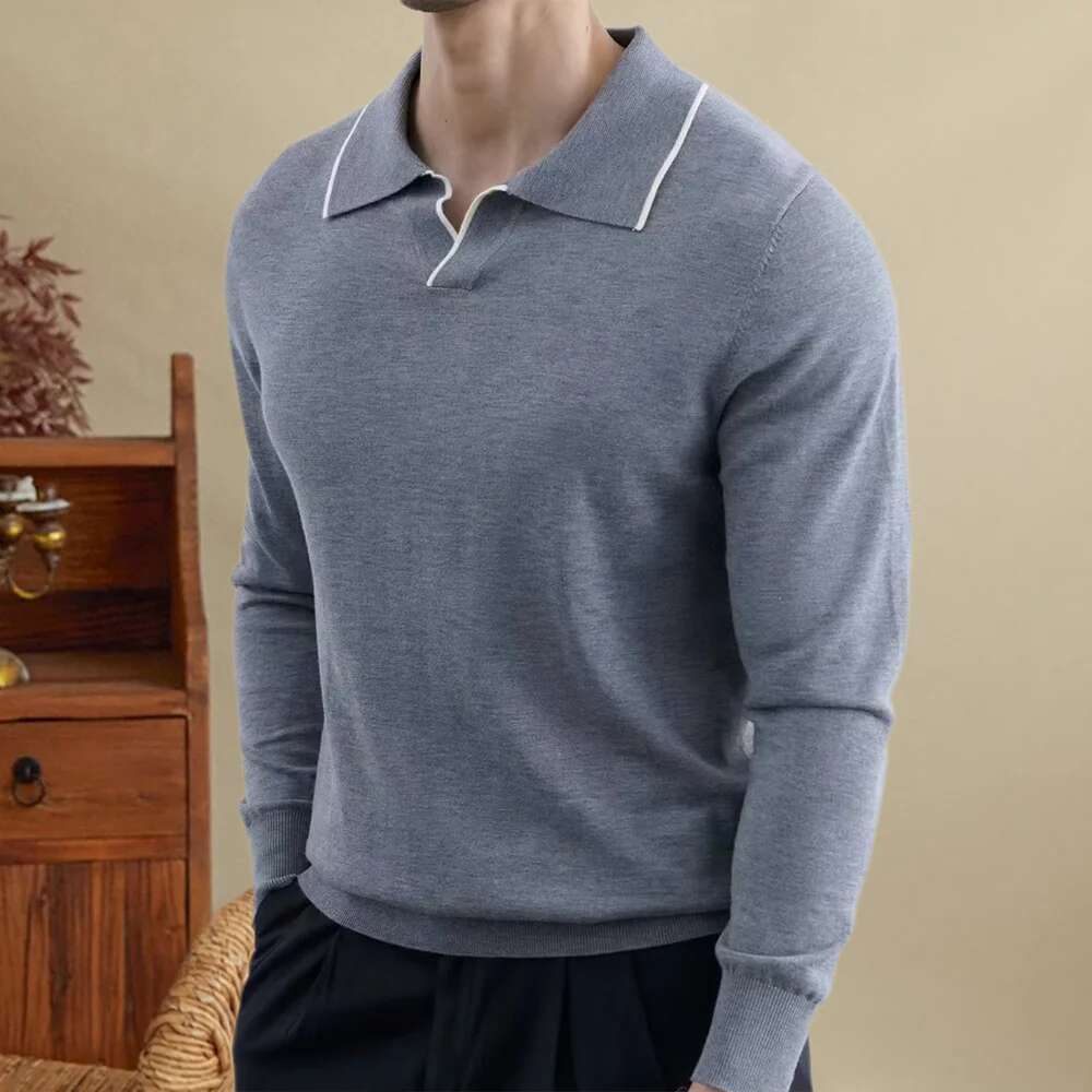 Solid Color Simple Home Pull Homme Male Sweater Men Turn-down Collar Knitted Sweater Casual Social Club Outfits Herren Pullover