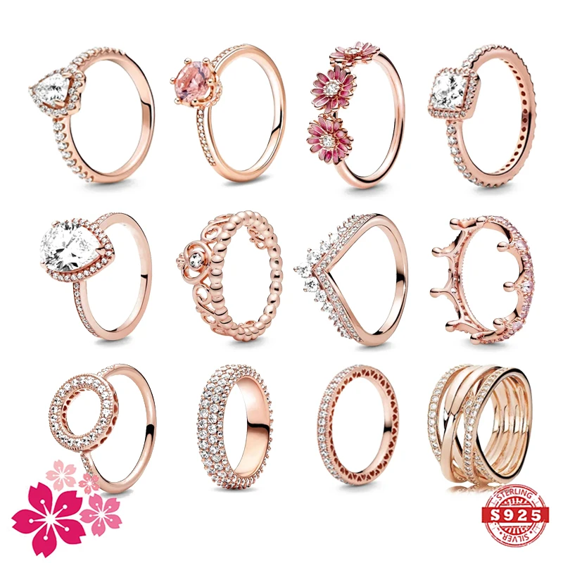 Hot Selling Exquisite 925 Sterling Silver Classic Rose Gold Series Ring Shiny Crown Leaf Ring Women's Birthday Exquisite Gift