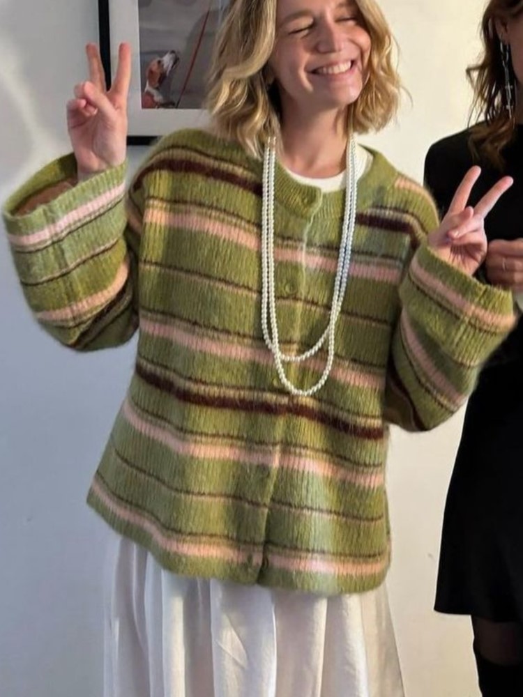 Green Stripe Knitted Cardigan Street Trend Contrasting Color Sweater Coat Jacket Retro Women's Loose Wool Knitwear Top Autumn