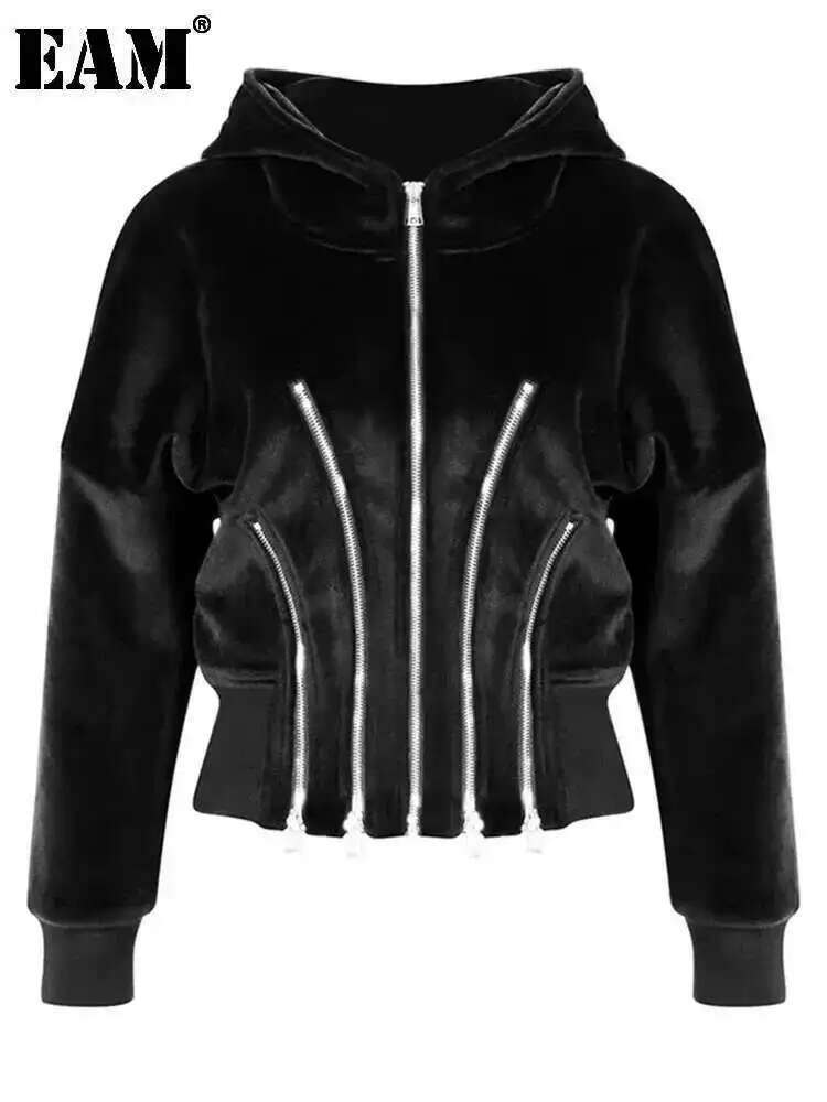 EAM Loose Fit Black Zipper Irregular Velvet Jacket New Hooded Long Sleeve Women Coat Fashion Tide Spring Autumn 2025 1DE2923