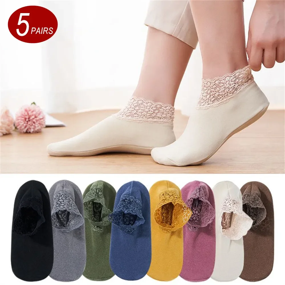 5 Pairs/Pack Winter Autumn Warm Non Slip Women Lace Trim Solid Socks Ladies Thermal Wool Velvet Unisex Floor Socks