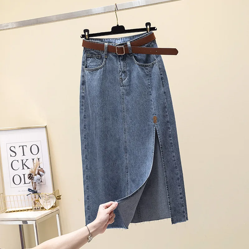 Clearance Sale: High-Waisted Embroidered Denim Skirt Women's Summer A- Line Side Slit Specialty Store Clothing