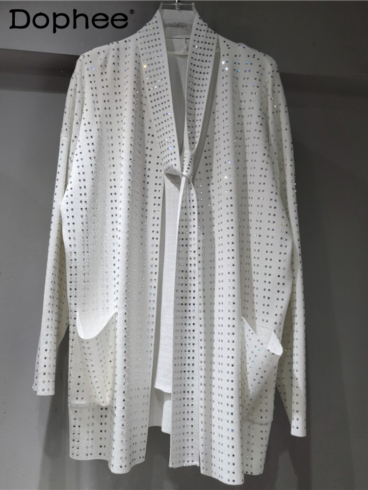 European Goods Heavy Industry Hot Drill Big Pocket Loose Mid Length Knitted Cardigan Long Sleve Pink Cardigan Korean Fashion