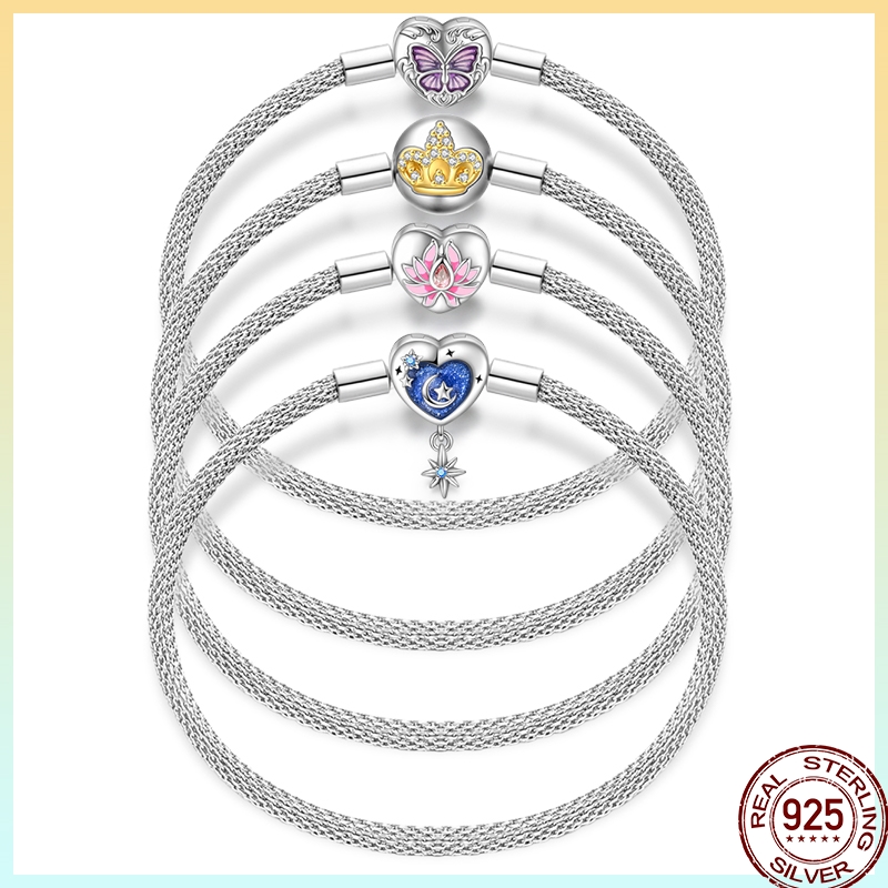 17-20cm 925 Sterling Silver Color Charms Beads Bracelets For Women Original Butterfly Crown Ball Star Bracelets Bangle