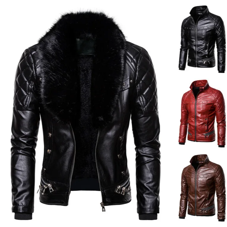 Men's Punk Style Detachable Necktie Cropped Studded Quilted Thick Windproof Motorcycle Pu Leather Jacket