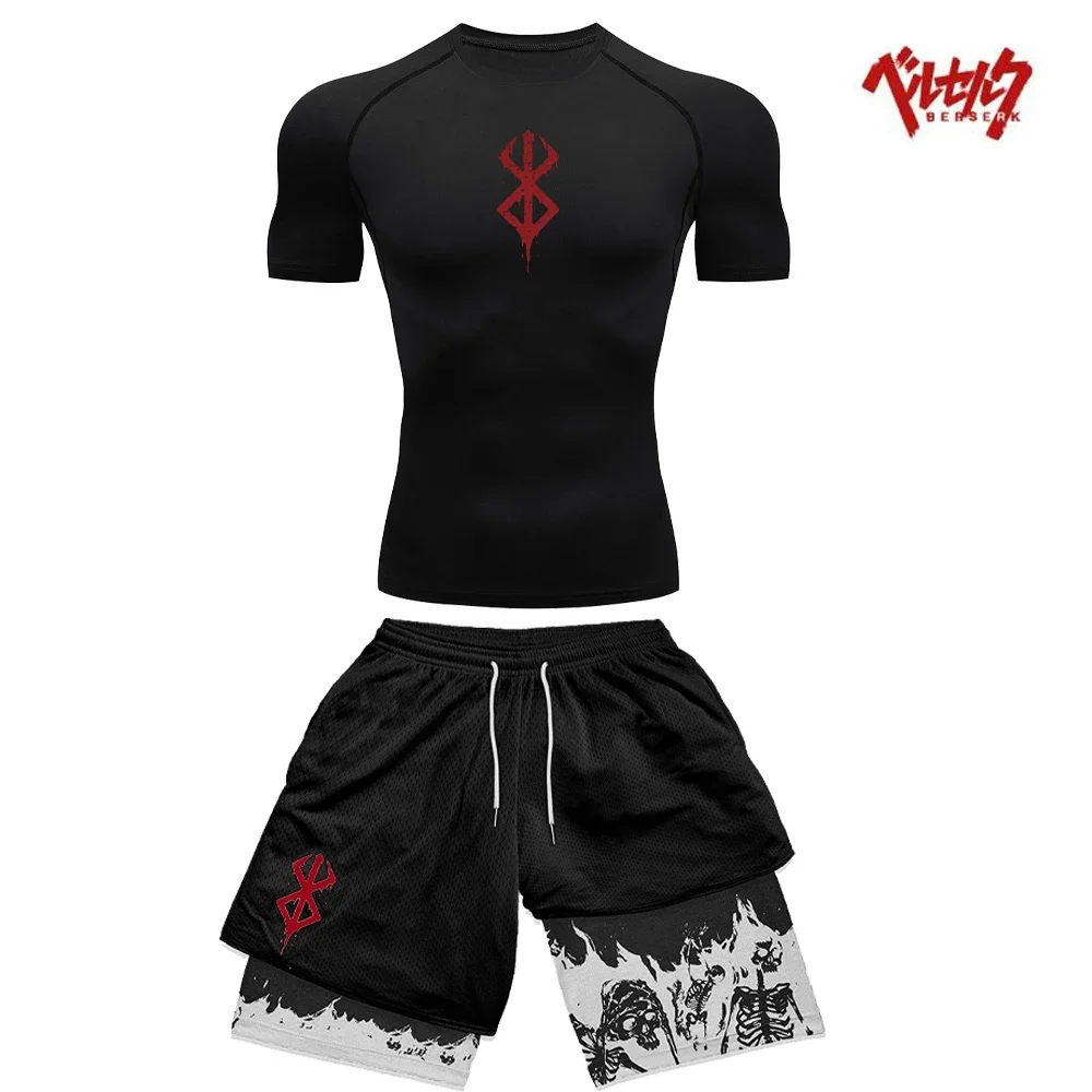 Anime Compression Sportswear Set Fitness Suit for Men Quick Dry Compression Shirt+Gym Shorts 2PCS Running Workout