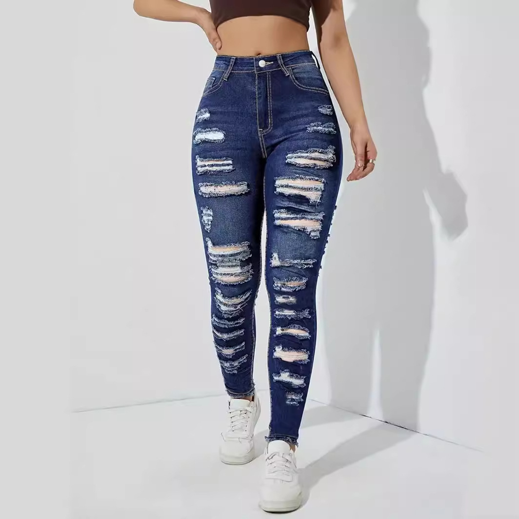 Women Mom Jeans Denim Long Pants Pencil Pant Hole Sheath High Waist Casual Bodycon Elegant Splice Slim Y2k Straight Trousers
