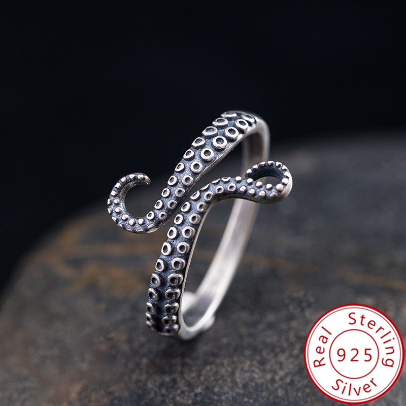 100% S925 sterling silver Vintage Cthulhu Octopus Open Ring for Women Retro style suitable for daily wear Fine jewelry