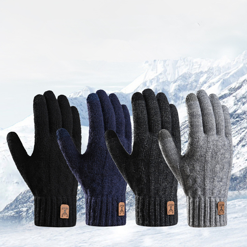 Men's Warm High Elasticity Gloves Winter Touch Screen Plus Fleece Gloves Cold Warm Wool Knitted Gloves Black Grey Multi-color