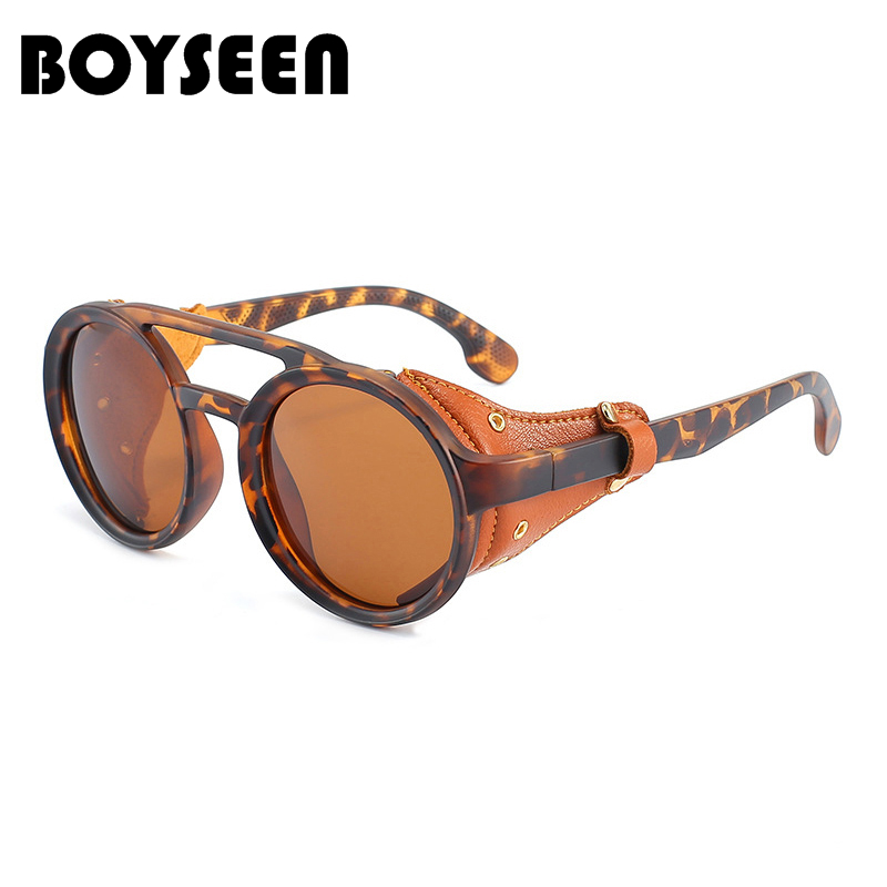BOYSEEN Polarized Motorcycle Goggles With Side Leather Men Women Punk Hiphop Sunglasses Round Vintage Sun Glasses UV400 Lenses