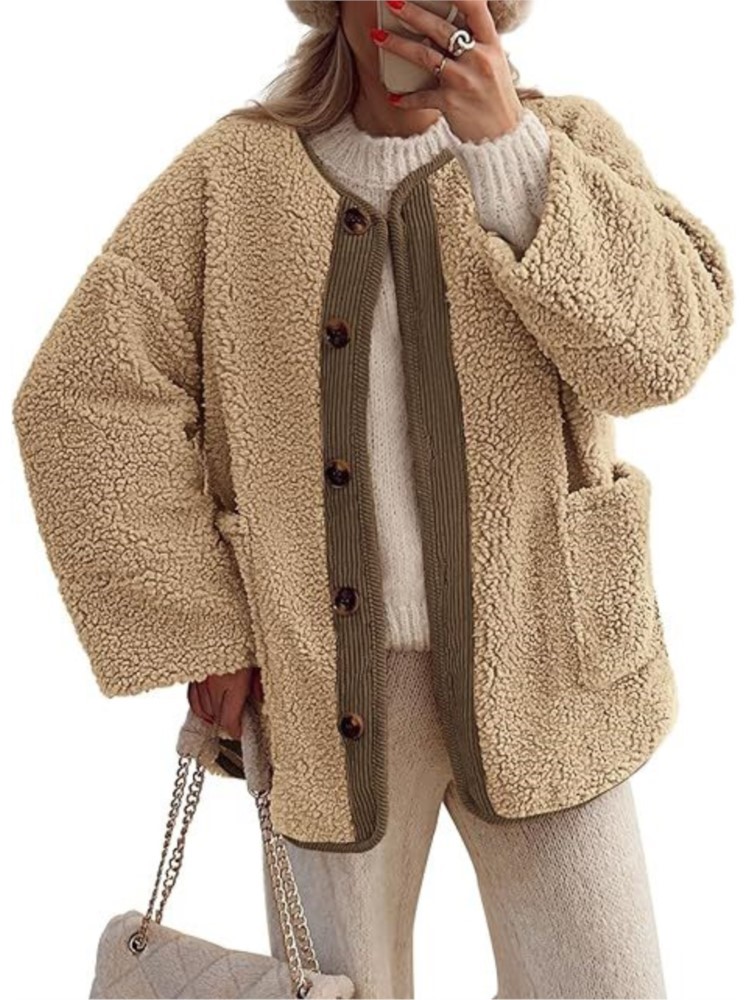 Women's Warm Winter Lamb Coat Casual Crew Neck Button Down Plush Cardigan Long Sleeved Pocket Loose Jacket Coat Female