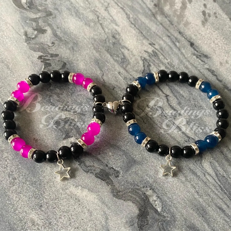 Matching Pink and Blue Magnetic Heart Charm Glass Bead Friendship Bracelets, Couples Jewelry | Tv Girl inspired Mtching Bracelet