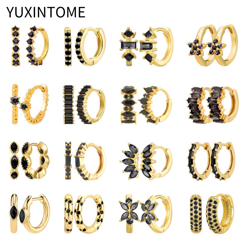 925 Sterling Silver Ear Needle Black Crystal Hoop Earrings For Women Fashion Geometry Huggie Gold Earrings Luxury Jewelry Gifts